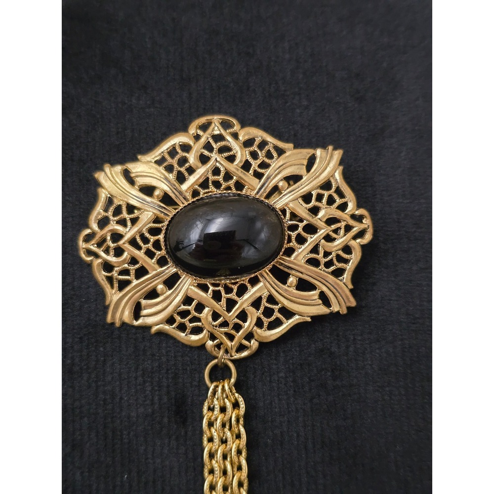 Signed Western Germany Gold Tone Filigree Black Cabochon Brooch